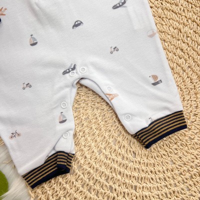 Macacão Curto com Manga Longa Piquet com Gola Polo Barquinhos - Off White e Marinho